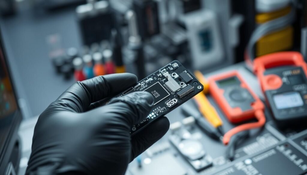 A close-up, detailed view of a computer storage drive being inspected for diagnosis, set against a softly blurred background of a neatly organized tech workstation. In the foreground, showcase a modern SATA SSD, glinting under bright white LED lighting, highlighting its intricate circuitry and components. A pair of gloved hands, wearing black latex gloves, gently handle the drive, demonstrating careful examination. In the middle background, include tools like screwdrivers and a multimeter to enhance the technical atmosphere. The scene should convey a calm, focused mood, emphasizing precision and professionalism. The lighting should be bright yet soft, avoiding harsh shadows to create a clean and informative appearance. Use a shallow depth of field to keep attention on the storage drive.