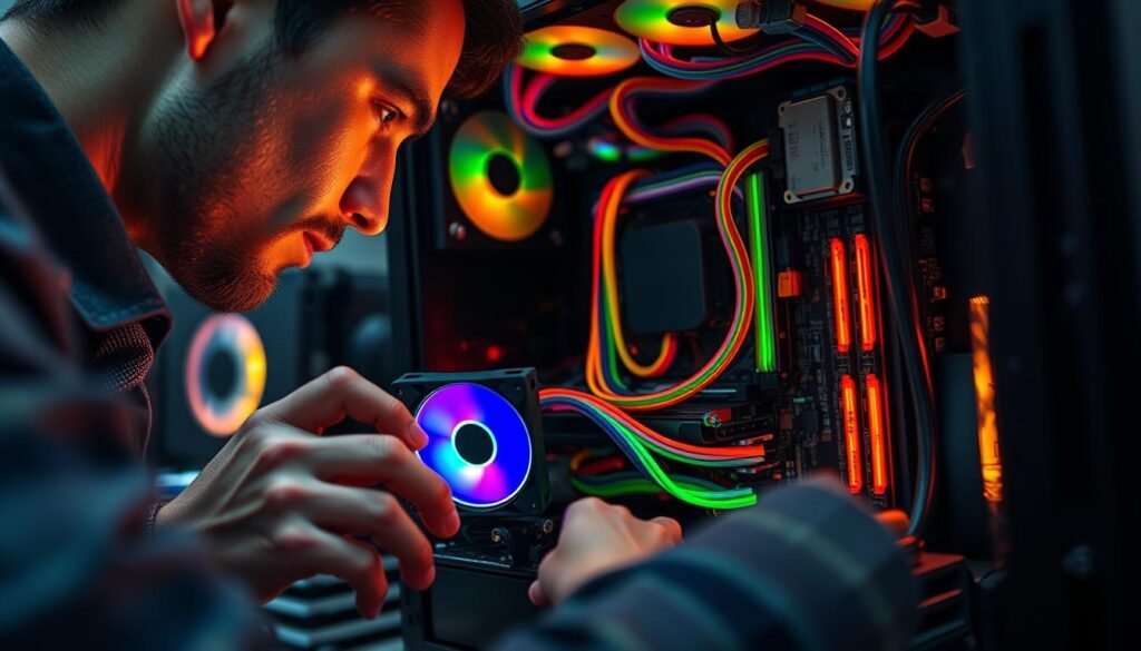 A close-up view of a computer technician examining a computer's internal components for overheating issues. In the foreground, the technician, dressed in a professional business attire, carefully inspects a motherboard with a focus on the CPU and cooling fan. They are using a thermal imaging camera to detect temperature anomalies. The middle layer showcases various colorful cables and circuit boards illuminated by soft, warm LED lights, creating a focused work environment. The background features a variety of computer parts neatly arranged on a workbench, with tools and diagnostic equipment subtly visible. The atmosphere is intense but professional, highlighting the careful attention necessary to resolve overheating problems in computer components.