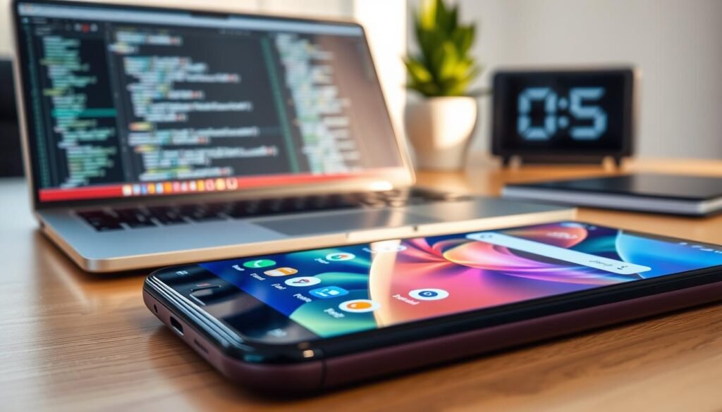 A close-up view of a smartphone displaying a custom Android ROM interface, with vibrant graphics and icons that emphasize customization and freedom. In the foreground, the device is placed on a sleek wooden table, reflecting soft, natural light. The middle layer features a laptop open to a code editor, with lines of programming code visible, creating a tech-savvy atmosphere. In the background, a blurred-out workspace with a digital clock and a potted plant adds a sense of modernity and organization. The overall mood is focused and innovative, showcasing the essence of maintaining and modifying Android ROMs. The color palette includes cool blues and greens to convey a calm, tech-oriented vibe.