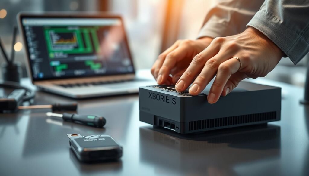 A close-up view of an Xbox Series S console and a high-performance SSD being troubleshot on a sleek, modern workspace. In the foreground, a pair of hands in professional attire delicately handle the SSD as they examine the internal connections. The background features soft bokeh lighting, with tools such as a screwdriver set and a laptop displaying diagnostic software visible. The atmosphere is focused and technical, conveying a sense of serious problem-solving. Use natural light to enhance the sleek, tech-savvy ambiance, with a slight depth of field to draw attention to the action of troubleshooting. Capture the intricate details of the SSD and console, emphasizing the fluidity of technology and the importance of proper maintenance.