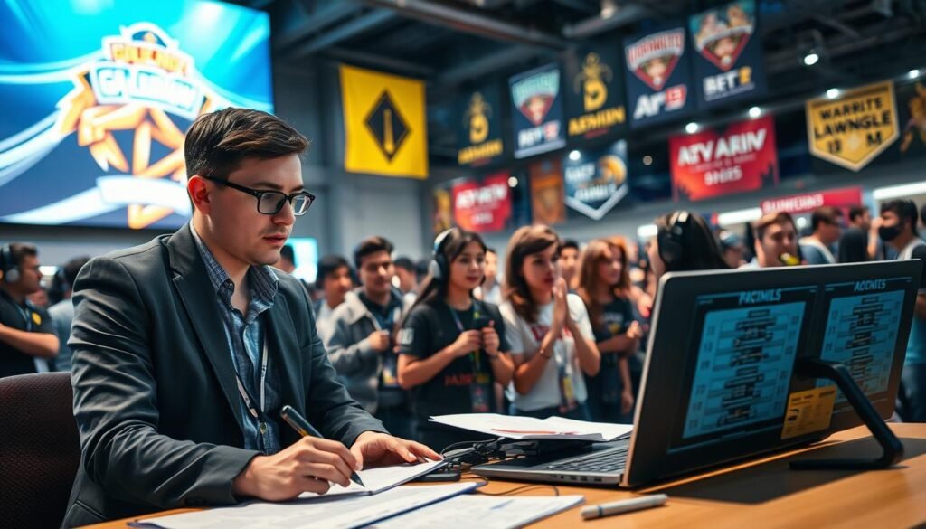 A community tournament organizer working diligently at a bustling esports event. In the foreground, a focused individual in smart casual attire, surrounded by gaming gear, tournament brackets displayed on a laptop, and notes scattered on a table. The middle features a diverse group of enthusiastic gamers engaging in intense matches, their faces reflecting determination and excitement. In the background, colorful banners promote various games, while spectators cheer, creating an energetic atmosphere. Bright, dynamic lighting emphasizes the action, casting shadows that enhance the focused environment. The angle captures the organizer's perspective, highlighting both the challenges and the vibrant community spirit of grassroots esports tournaments. The mood is both intense and collaborative, showcasing the vital role of organizers in supporting the community.