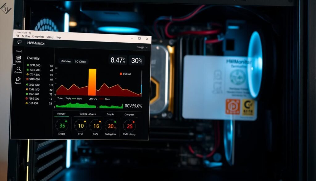 A comprehensive hardware monitoring application displayed on a sleek, modern computer interface. The foreground features the HWMonitor application window, showcasing detailed temperature readings for the CPU, GPU, and other key components. The middle ground depicts the overall system information, including clock speeds, utilization levels, and performance metrics. The background subtly highlights the computer's internals, with a stylized, semi-transparent representation of the hardware components. The lighting is soft and natural, creating a sense of clarity and precision. The entire scene conveys a professional, user-friendly, and informative atmosphere for PC enthusiasts and system administrators.