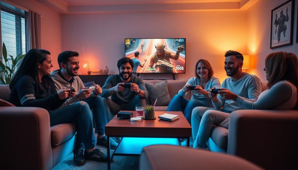 A cozy and vibrant living room setting, with four friends gathered around a coffee table, engaged in a lively multiplayer gaming session. Soft, warm lighting illuminates their faces, casting a friendly, inviting glow. The friends sit comfortably on plush, inviting sofas, controllers in hand, their expressions animated as they strategize and celebrate victories. In the background, a large, high-definition TV screen displays the game, its graphics and visuals crisp and immersive. An atmosphere of camaraderie, friendly competition, and shared enjoyment pervades the scene, capturing the essence of a memorable gaming experience with loved ones.