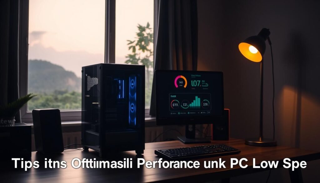 A dimly lit, cozy home office with a low-spec desktop computer on a sturdy wooden desk. The PC's case has a minimalist design, its components visible through a tempered glass panel. Soft, warm lighting from a desk lamp illuminates the setup, casting gentle shadows. The desktop displays a simple system optimization interface, with graphs and meters showing CPU, RAM, and storage utilization. In the background, a large window overlooking a tranquil, natural landscape, creating a sense of balance and productivity. The overall atmosphere is one of efficiency and focus, reflecting the "Tips Optimasi Performance untuk PC Low Spec" section of the article.