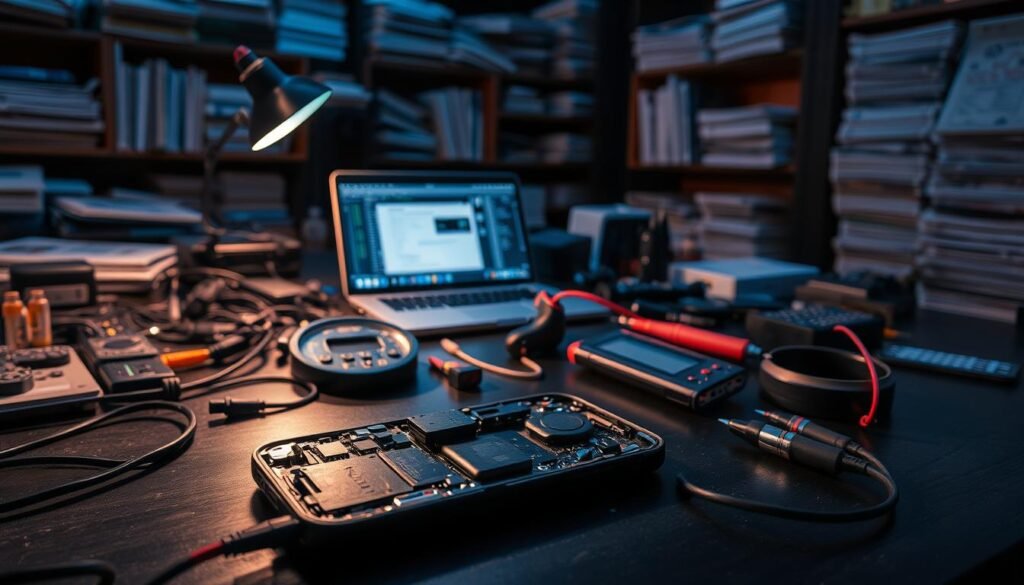 A dimly lit workshop table, cluttered with electronic devices, cables, and tools. In the foreground, a disassembled iPhone, its innards exposed, surrounded by a magnifying glass, multimeter, and other troubleshooting equipment. The middle ground features a laptop displaying diagnostic software, while the background is filled with shelves of technical manuals and reference materials. Subtle blue and orange hues cast an atmospheric glow, conveying the concentration and problem-solving mindset required to tackle jailbreak issues on iOS 16.7 devices.