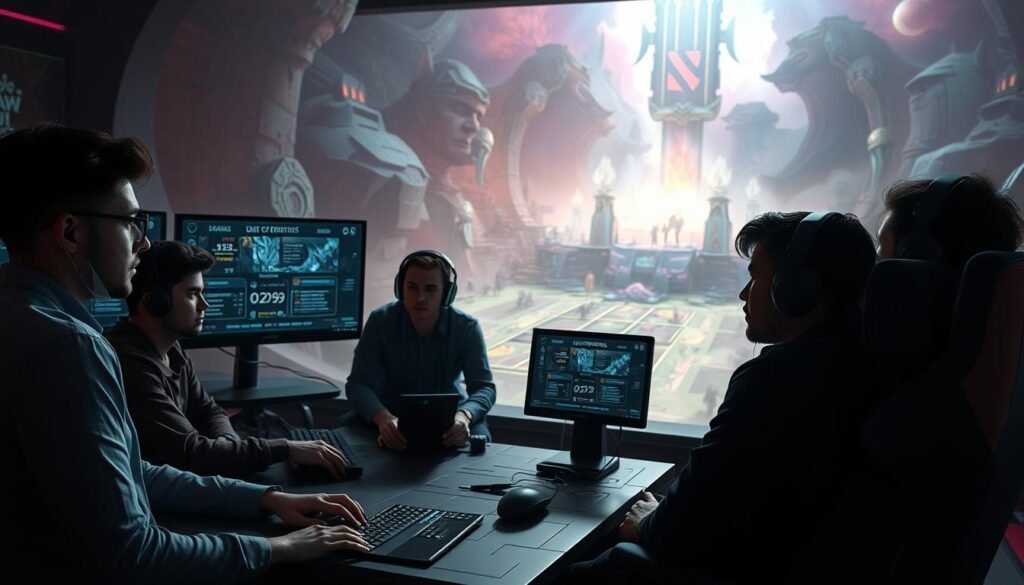 A dramatic and reflective scene capturing the impact of strategy decline in Dota 2, set in a vibrant, digital landscape representing the game's universe. In the foreground, a group of diverse, professional gamers in smart casual attire look contemplative, seated around a futuristic gaming setup, with screens displaying fading competitive stats and strategy maps. In the middle ground, a stylized representation of shifting meta icons and diminishing trophies enhances the sense of loss. The background showcases a pixelated battle arena, shrouded in a mystical mist, symbolizing the once-thriving competitive spirit of the game. Soft, ethereal lighting highlights the gamers’ expressions, evoking a mood of nostalgia and solemnity, while deep shadows create a sense of depth and contemplation. The composition is captured from a slightly elevated angle, focusing on the group, inviting viewers to reflect on the theme of decline in the global Dota 2 ecosystem.