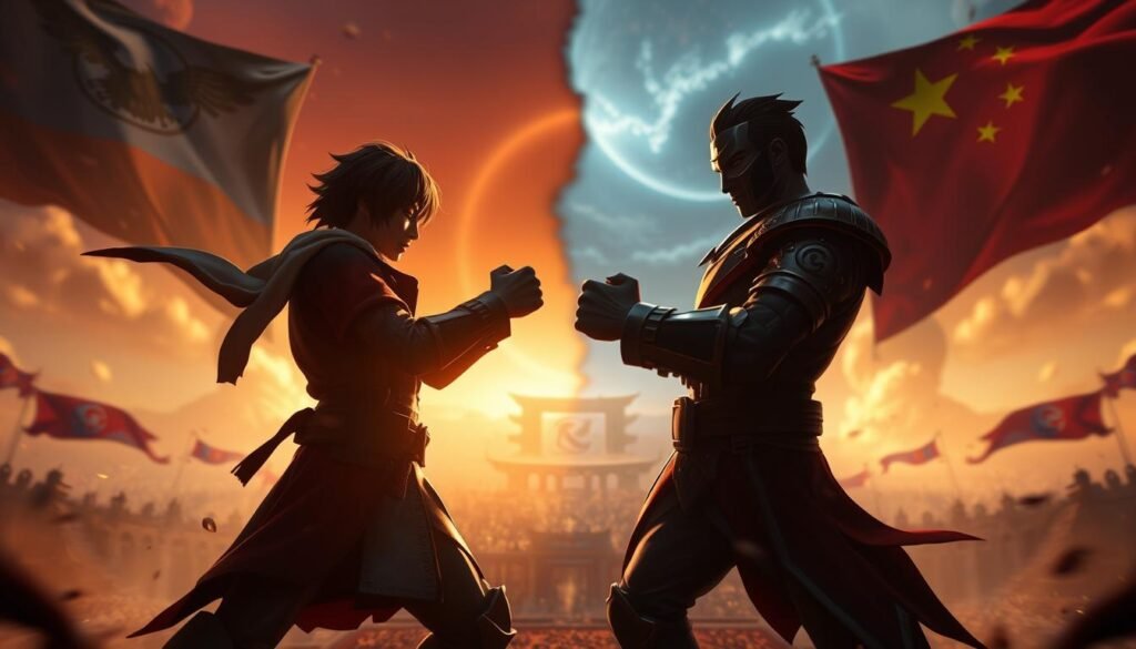 A dramatic scene depicting the decline of the "Korea vs China" strategy in Dota 2, featuring an epic battle setting. In the foreground, two iconic Dota 2 heroes engage in strategic moves, their expressions reflecting tension and determination. The middle ground showcases a split battlefield, half illuminated by fading daylight, symbolizing the waning power of past tactics, while the other half is shrouded in shadows, representing the uncertainty of future strategies. The background reveals a digital landscape of a Dota 2 map, with blurred team flags that signify the losing momentum of competing regions. Utilize dramatic lighting to create a contrasting atmosphere, emphasizing the struggle and evolution of gaming strategies. Use a cinematic angle, providing a sense of depth and urgency to the scene.