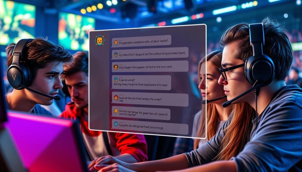 A dynamic and engaging scene illustrating the concept of "Toxic Chat" in the context of E-Sports. In the foreground, a group of diverse gamers, both male and female, are intensely focused on their screens, wearing professional gaming headsets and casual gaming attire. Their expressions show a mix of frustration and seriousness as they interact with the chat interface filled with highlighted toxic comments, represented abstractly without any text. In the middle ground, a stylized digital chat window creates a sense of tension, with emoticons and colorful icons symbolizing conflict and negativity. The background shows an immersive E-Sports arena with vibrant, pulsing lights and cheering fans, enhancing the overall intensity. The lighting is dramatic, with cool blue and warm red tones to evoke a sense of urgency and stress, captured with a shallow depth of field to focus on the gamers. The atmosphere is charged with the emotional weight of competitive gaming.