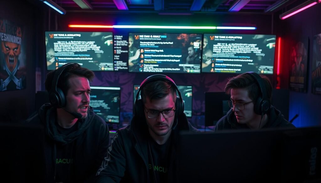 A dynamic esports team environment in a modern gaming studio, showcasing the impact of toxic chat on team performance. In the foreground, three players, dressed in professional gaming attire, express visible frustration while looking at their screens with a chaotic chat overlay. In the middle, an array of glowing monitors displays messages filled with negativity, creating a tense atmosphere. The background reveals a dimly lit room, with colorful LED lights accentuating the mood, and esports posters adorning the walls. The overall lighting is moody, highlighting the stress on the players' faces, captured from a slightly elevated angle to emphasize the intensity of the moment. The scene conveys the psychological effects of toxic communication within a team setting.