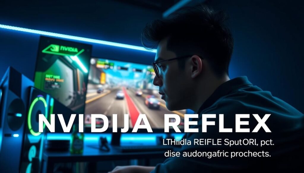 A dynamic gaming setup featuring a sleek high-performance PC with NVIDIA Reflex technology highlighted prominently. In the foreground, a professional gamer focused intensely on the screen, wearing smart casual attire. The middle ground shows a large monitor displaying a fast-paced competitive gaming scene with vivid graphics and low latency indicators. The background includes ambient LED lighting in a darkened room, creating an immersive atmosphere. Soft blue and green hues enhance the tech-savvy mood, while sharp shadows add depth. The angle is slightly tilted to emphasize the thrill of competitive gaming, capturing the essence of NVIDIA Reflex's advantages for PC gaming without any text or overlays. A dynamic gaming setup featuring a sleek high-performance PC with NVIDIA Reflex technology highlighted prominently. In the foreground, a professional gamer focused intensely on the screen, wearing smart casual attire. The middle ground shows a large monitor displaying a fast-paced competitive gaming scene with vivid graphics and low latency indicators. The background includes ambient LED lighting in a darkened room, creating an immersive atmosphere. Soft blue and green hues enhance the tech-savvy mood, while sharp shadows add depth. The angle is slightly tilted to emphasize the thrill of competitive gaming, capturing the essence of NVIDIA Reflex's advantages for PC gaming without any text or overlays.