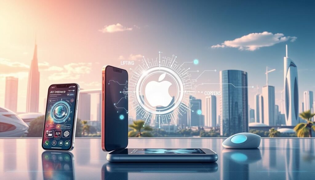 A futuristic concept illustration of "Apple Intelligence" showcasing advanced technology integration. In the foreground, depict sleek devices like a futuristic iPhone displaying augmented reality interfaces. In the middle, display ethereal holographic elements representing AI data, algorithms, and smart home connections. The background features a modern city skyline with advanced structures, blending nature and technology, hinting at sustainable living. The lighting should be bright yet soft, highlighting the devices and holograms with a cool, high-tech ambiance. Use a dynamic angle to convey depth, suggesting innovation and progress. The overall mood is optimistic and forward-thinking, capturing the essence of a smart, interconnected future with Apple at the forefront of technology.