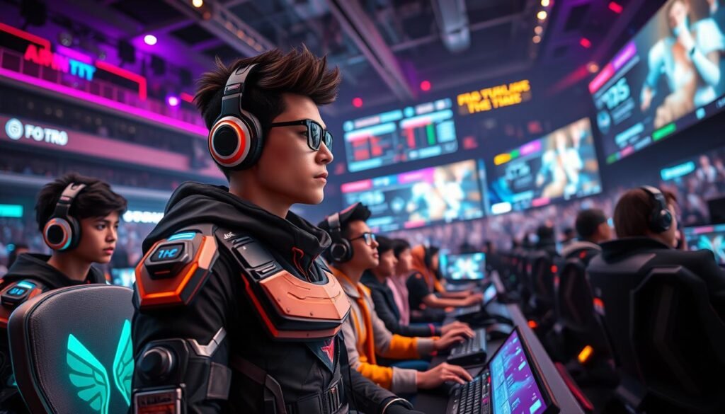 A futuristic digital esports arena filled with vibrant colors and glowing holograms, showcasing a diverse group of professional players engaged in an intense gaming session. In the foreground, a dynamic avatar character represents a professional player, detailed with high-tech armor and accessories, embodying the essence of digital esports. The middle layer depicts various players of different ethnicities, clad in stylish gaming attire, focused intently on their screens. In the background, large LED screens display game statistics and lively audience reactions, creating a thrilling atmosphere. The scene is illuminated with high contrast lighting, adding drama to the environment, while a slight depth of field draws attention to the avatar in the foreground. The overall mood is energetic and competitive, capturing the essence of virtual assets in the esports world.