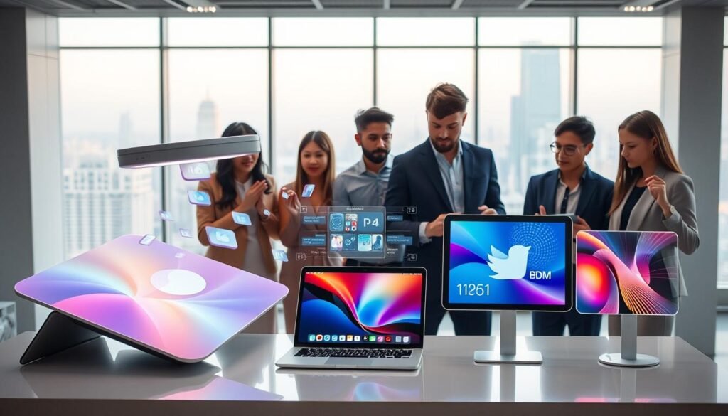 A futuristic scene showcasing the evolution of iOS technology, featuring a sleek, advanced Apple device seamlessly transferring files through AirDrop to a MacBook and an iPad. In the foreground, a diverse group of professionals in smart casual attire interact with these devices, highlighting a collaborative atmosphere. The middle ground displays holographic interfaces and vibrant, translucent screens, depicting innovative apps and features evolving from today's iOS. The background presents a modern, minimalist office setting with soft, ambient lighting and large windows overlooking a bustling cityscape, symbolizing progress and connectivity. The mood is optimistic and forward-looking, emphasizing teamwork and technological advancement in a bright, inviting environment.