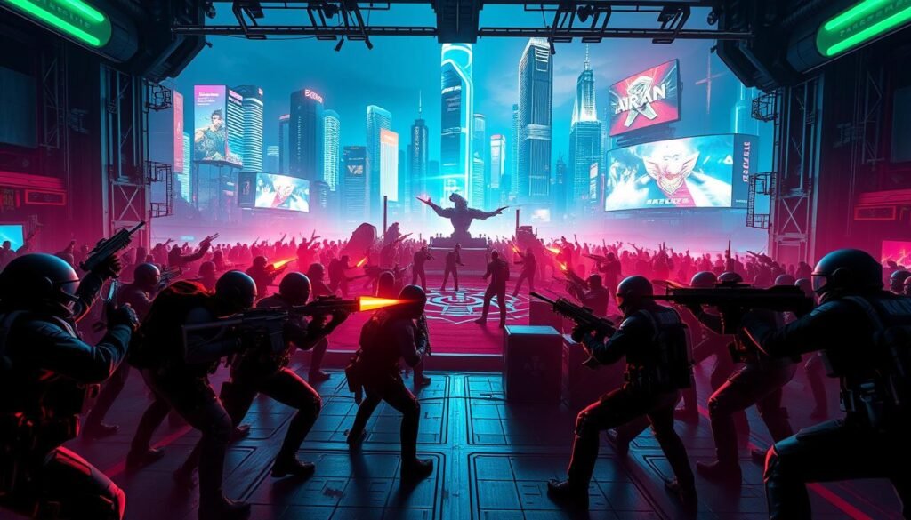 A high-intensity Valorant match in a neon-lit, futuristic arena. In the foreground, two teams of elite esports players engage in a tense, tactical standoff, weapons raised and eyes narrowed with fierce concentration. The middle ground is a maze of cover and obstacles, offering strategic vantage points and flanking opportunities. The background is a stunning cityscape, skyscrapers and holographic billboards casting a vibrant, cyberpunk glow over the scene. Dramatic lighting casts dynamic shadows, heightening the drama and sense of high-stakes competition. The overall mood is one of heightened adrenaline, razor-sharp focus, and the thrill of Valorant's Ranked Play.