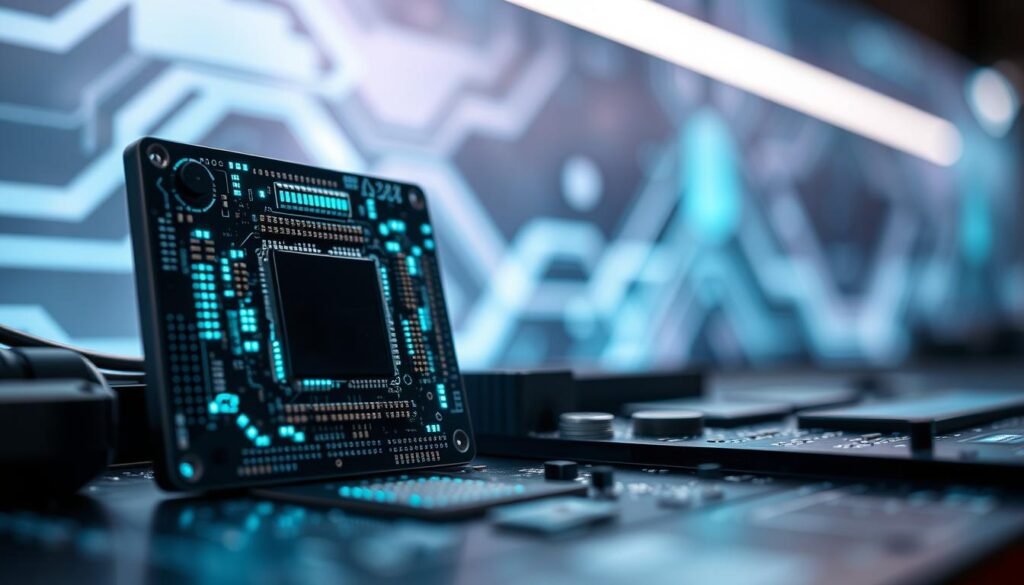 A high-tech, close-up image of the MediaTek Dimensity 9300+ AI chipset, showcasing its intricate circuitry and sleek design. The foreground features the chipset prominently displayed, highlighted with LED lighting emanating in soft blue and green hues, emphasizing its advanced technology. In the middle ground, a blurred motherboard can be seen, illustrating the chipset's integration into a device. The background is softly lit, featuring abstract digital patterns that represent AI capabilities, creating a modern and futuristic atmosphere. The mood is innovative and professional, fitting for a cutting-edge technology context. Use a shallow depth of field to draw focus to the chipset, and capture the image at a slightly elevated angle for added depth.