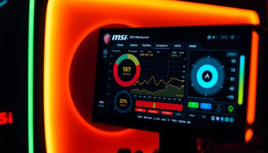 A high-tech, close-up view of the MSI Afterburner software's GPU temperature monitoring interface. The screen displays vibrant, real-time temperature data against a sleek, dark backdrop, casting a warm glow. The interface features intuitive controls and graphs, showcasing the power and precision of this essential tool for PC enthusiasts and gamers. The composition is crisp, with a shallow depth of field that draws the eye to the core functionality. Subtle ambient lighting creates a professional, yet dynamic atmosphere, highlighting the software's comprehensive monitoring capabilities.