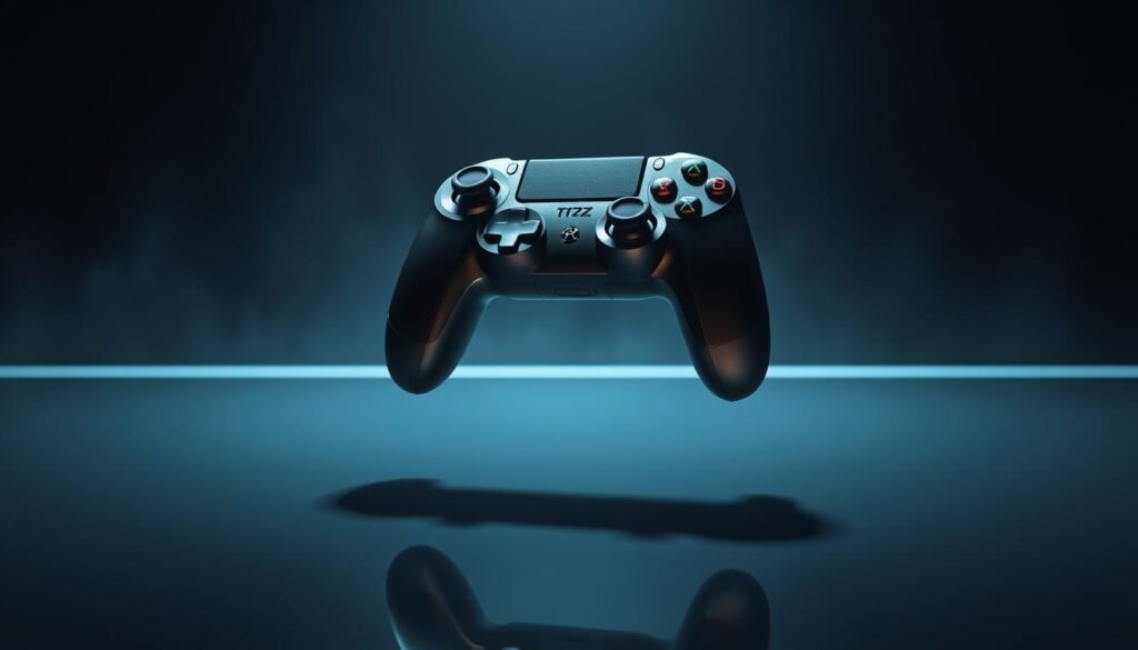 A high-tech wireless gaming controller hovers in a dimly lit, futuristic setting. The controller's sleek, angular design is rendered in metallic tones, with glowing accents and subtle details that suggest advanced technology. The controller is suspended in mid-air, casting subtle shadows on a glossy, reflective surface that suggests a sleek, minimalist environment. Soft, directional lighting accentuates the controller's contours, creating a sense of depth and dimension. The overall mood is one of sophistication, power, and cutting-edge technology, perfectly capturing the "Performa dan Latency yang Ditingkatkan" theme.