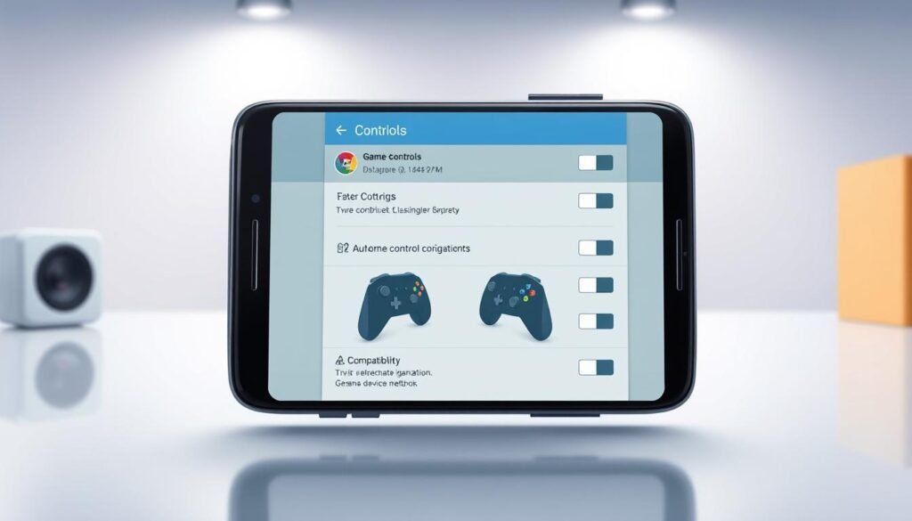 A highly detailed and realistic illustration of an Android smartphone displaying various game controller options and compatibility settings. The phone's screen is prominently featured, showcasing a user interface with game control configurations, device information, and compatibility indicators. The background is a clean, minimalist workspace, with subtle lighting creating a professional, technical atmosphere. The overall scene conveys the idea of optimizing Android devices for seamless gaming experiences.