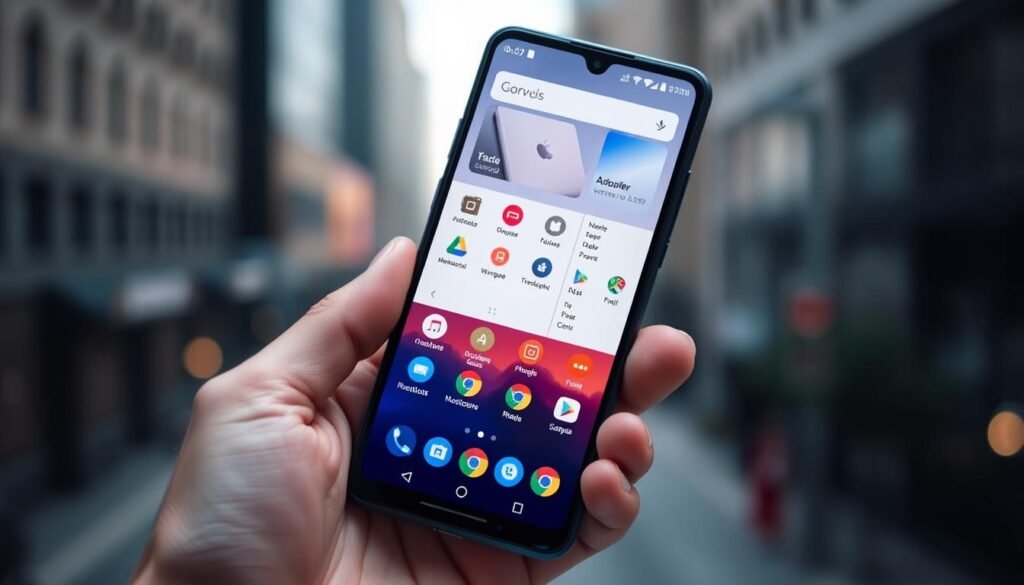 A highly detailed, high-resolution image of Corvus OS custom Android ROM on a smartphone display, showcasing its customizable interface and efficient performance. The phone is held in a hand against a blurred urban background, with soft ambient lighting highlighting the clean and modern design of the UI. The screen displays various customization options, widget layouts, and an overall sense of user-friendliness and productivity. The composition emphasizes the sleek and polished aesthetic of Corvus OS, conveying its suitability for everyday use on mid-range devices with limited RAM.