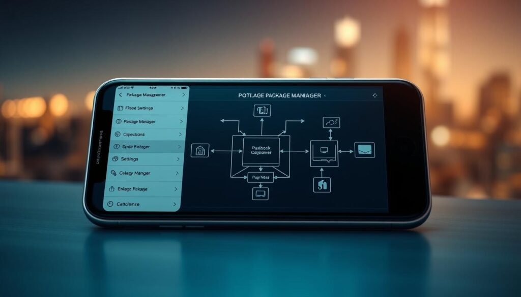A meticulously crafted digital illustration depicting the post-jailbreak configuration of a package manager on a mobile device. The foreground showcases a sleek, high-resolution user interface with various package management options, settings, and customization tools. The middle ground features a detailed schematic diagram of the underlying system architecture, highlighting the integration of the package manager with the jailbroken iOS operating system. The background subtly displays a blurred cityscape, conveying a sense of urban sophistication and technological prowess. The overall composition is lit by a warm, soft-focus lighting, creating a professional and polished aesthetic. The scene is rendered with a high level of photorealism, seamlessly blending digital and physical elements to provide a comprehensive visual representation of the post-jailbreak package management experience.