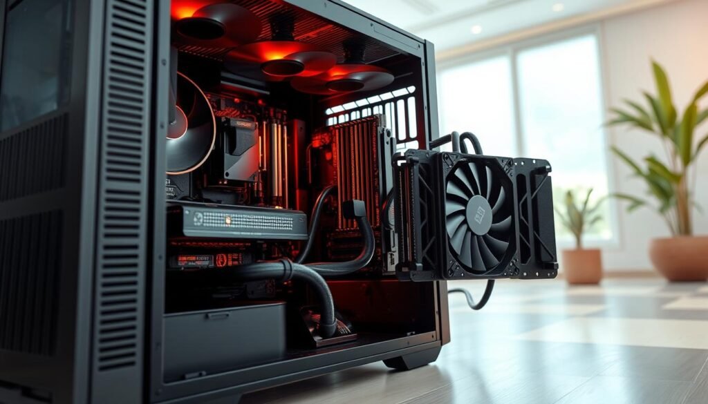 A modern computer setup showcasing heat-resistant components designed for tropical climates. In the foreground, display a sleek, stylish computer case with superior ventilation, featuring high-performance cooling fans and heat sinks. In the middle, include a close-up of essential heat-resistant parts such as a motherboard, GPU, and RAM, emphasizing their robust material textures and cooling solutions. The background should depict a bright, airy space that evokes the feel of a tropical environment, with soft, diffused lighting illuminating the components. The overall mood is innovative and tech-forward, highlighting the crucial nature of these components in extreme heat conditions. The angle should be slightly tilted to create a dynamic composition, without any text or branding elements.