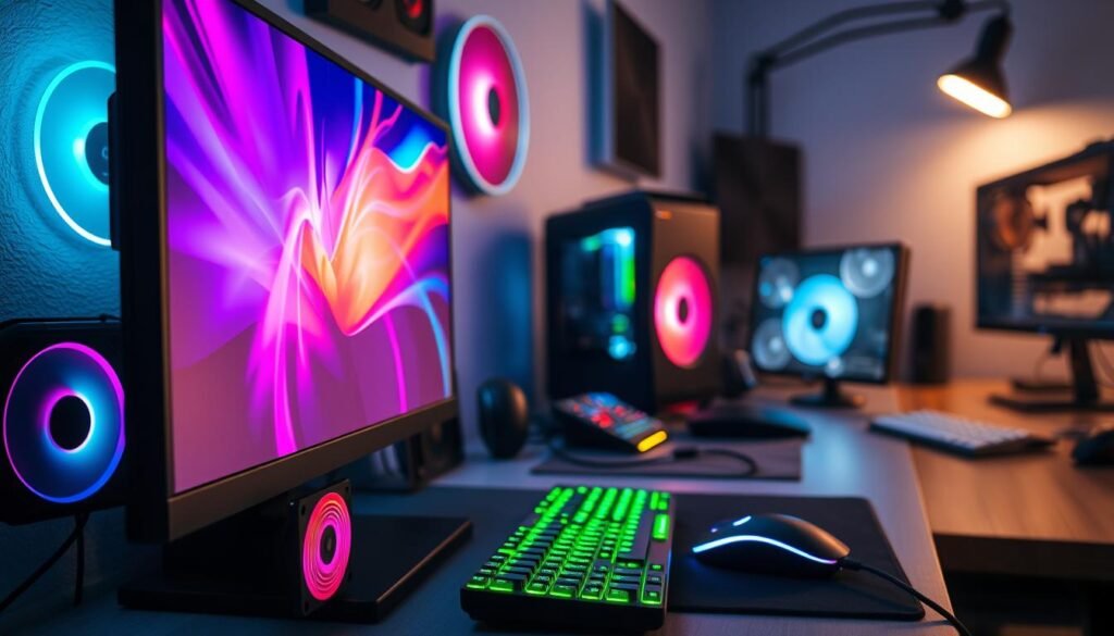 A modern desktop setup dedicated to gaming performance optimization. In the foreground, a sleek gaming monitor displays colorful, dynamic graphics, surrounded by high-end components like a graphics card and RGB-lit cooling fans. The middle ground features a tidy workspace with a gaming keyboard and mouse, all illuminated by soft LED lighting, casting a vibrant glow. In the background, a well-organized desktop with subtle tech gadgets and a hint of cables adds depth. The lighting is bright and focused, simulating a productive and innovative atmosphere, while the angle captures the essence of a passionate gamer’s environment. The overall mood is energetic and inspiring, reflecting the theme of upgrading and optimizing desktop performance for gaming.