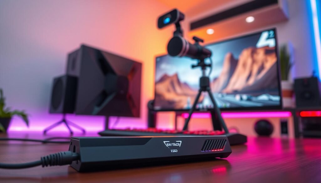 A modern gaming setup featuring a sleek SSD, high-refresh-rate gaming monitor, and a professional webcam, all positioned on a stylish gaming desk. In the foreground, the SSD glimmers with LED lights, emphasizing its cutting-edge technology. The gaming monitor displays vibrant graphics from a ray tracing game, reflecting the latest visual capabilities. In the middle, the webcam is angled upwards on a tripod, showcasing crisp detail and clarity. The background reveals a softly lit room with ambient RGB lighting, evoking a high-tech, immersive atmosphere. Capture the scene from a slightly elevated angle to highlight the entire setup, ensuring the lighting is bright yet warm, creating a welcoming environment for gaming enthusiasts.