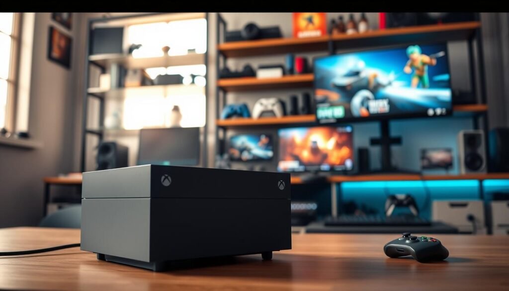 A modern gaming setup featuring an Xbox Series S prominently displayed in the foreground, with a sleek, additional SSD storage expansion unit beside it. The middle ground showcases an organized gaming desk with a high-resolution monitor displaying vibrant game graphics. Behind this setup, softly blurred shelves filled with various gaming accessories and collectibles create depth. Natural lighting from a nearby window highlights the scene, casting gentle shadows and adding warmth to the atmosphere. The overall mood is energetic yet focused, embodying a dedicated gamer’s environment. The composition should be balanced, with a perspective that invites viewers to explore the details while maintaining a clean, professional aesthetic.