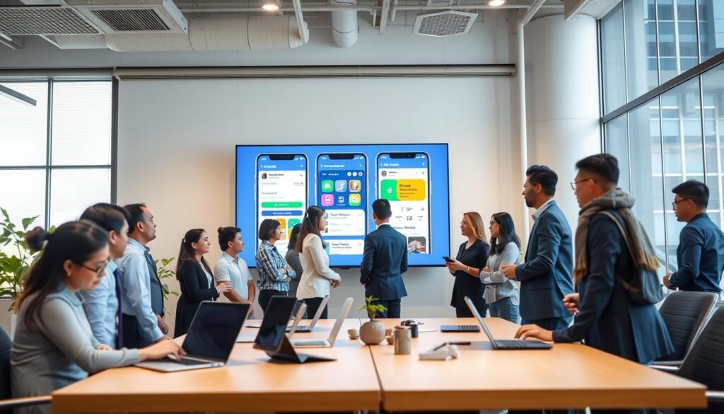 A modern office environment showcasing the benefits of application optimization for users, focusing on ColorOS and its collaboration with local developers. In the foreground, a diverse group of professionals in business attire, engaged in a discussion around a large digital screen displaying dynamic app interfaces of Gojek and Tokopedia. In the middle-ground, tables with laptops and devices highlight the integration of optimized apps in everyday use. The background features a bright, well-lit workspace with large windows, emphasizing a productive atmosphere. Use soft, natural lighting to create an inviting mood, showcasing innovation and teamwork. Angle the view to capture both the professionals and the screen, inviting the viewer into the scene of collaboration and user-centered design.