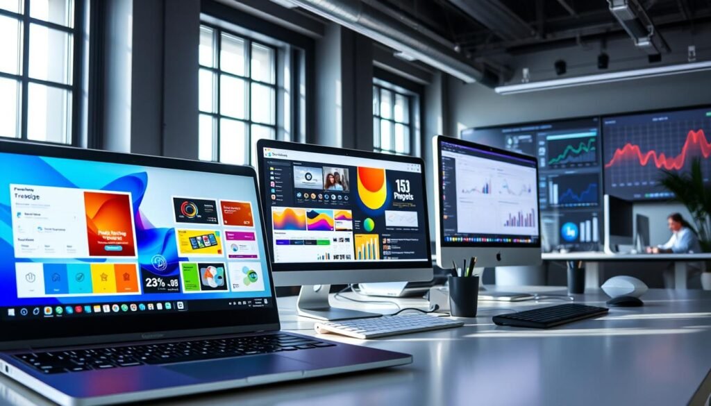 A modern office workspace filled with various types of software applications displayed on sleek computer screens. In the foreground, a laptop shows a vibrant user interface dashboard, symbolizing productivity software. In the middle, a desktop computer features an intuitive design of design software with colorful palettes and design elements. The background showcases a wall-mounted monitor displaying analytics software with graphs and charts. Natural light streams in through large windows, illuminating the scene, enhancing the focus on the devices. The atmosphere is professional and tech-savvy, emphasizing innovation and growth. No human figures are present, keeping the focus on the software and workspace, creating a clean, modern aesthetic.