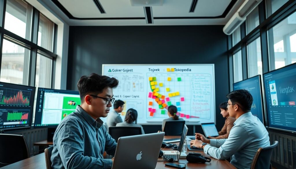 A modern, sleek workspace dedicated to app optimization, showcasing a diverse team of developers collaborating over large screens displaying the Gojek and Tokopedia apps. In the foreground, a focused developer in smart casual attire is analyzing code on a laptop, with colorful graphs and app interfaces highlighted on nearby monitors. The middle ground features a whiteboard filled with diagrams and ideas related to optimizing ColorOS performance, alongside sticky notes in vibrant colors. In the background, large windows let in natural daylight, creating a bright and energizing atmosphere. The overall mood is collaborative and innovative, emphasizing the synergy between local developers and technology. The focus is on teamwork, with a clear view of the optimization process in action, captured from a slight angle to convey depth.