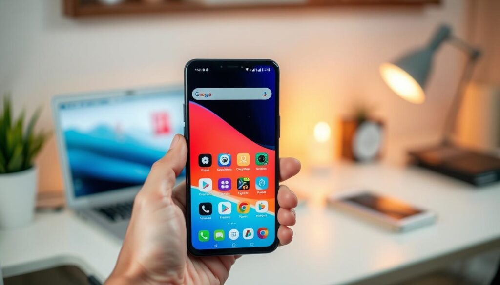 A modern smartphone displaying a vibrant user interface showcasing various alternative Android apps, elegantly arranged on the screen. In the foreground, the phone is held by a hand with well-manicured fingers, showcasing a slight sense of engagement. The background features a softly blurred workspace environment with a clean desk, a laptop, and ambient warm lighting that creates a cozy atmosphere. Use a shallow depth of field to emphasize the phone while gently fading out the background. The overall mood is optimistic and tech-savvy, inviting viewers to explore new possibilities in the Android ecosystem. The composition should be well-balanced, with a focus on simplicity and clarity, ensuring the phone's screen content is prominent and engaging.