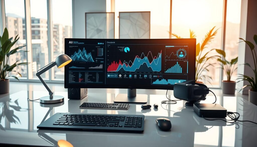 A modern, stylish workspace featuring advanced technology and a sleek, futuristic desk setup. In the foreground, showcase a state-of-the-art ergonomic desk with a large, high-resolution monitor displaying AI-generated data visualizations. Include a minimalist keyboard and a wireless mouse next to a stylish desk lamp that emits soft, warm lighting. In the middle, place an organized arrangement of high-tech gadgets, like a smart assistant device and virtual reality headset, all on a glossy surface. In the background, create a bright, inviting atmosphere with large windows allowing natural light to shine through, illuminating geometric wall art and some green plants for a fresh touch. Aim for a professional, innovative mood that inspires productivity and creativity.