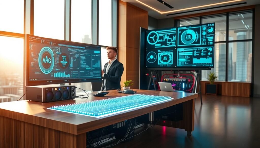 A modern workspace designed for advanced AI applications in 2025, featuring a sleek, custom-built computer setup. In the foreground, a polished wooden desk holds a high-performance machine with glowing LED lights, intricate wiring, and multiple screens displaying complex algorithms and data visualizations. The middle ground includes a professional user, a young adult in business attire, engaged with the technology, analyzing data on the screens. In the background, large windows showcase a futuristic cityscape bathed in soft natural light, enhancing the innovative atmosphere. The lighting is bright and inviting, highlighting the cutting-edge technology. The overall mood is focused and dynamic, embodying the future of local AI integration in bespoke devices.