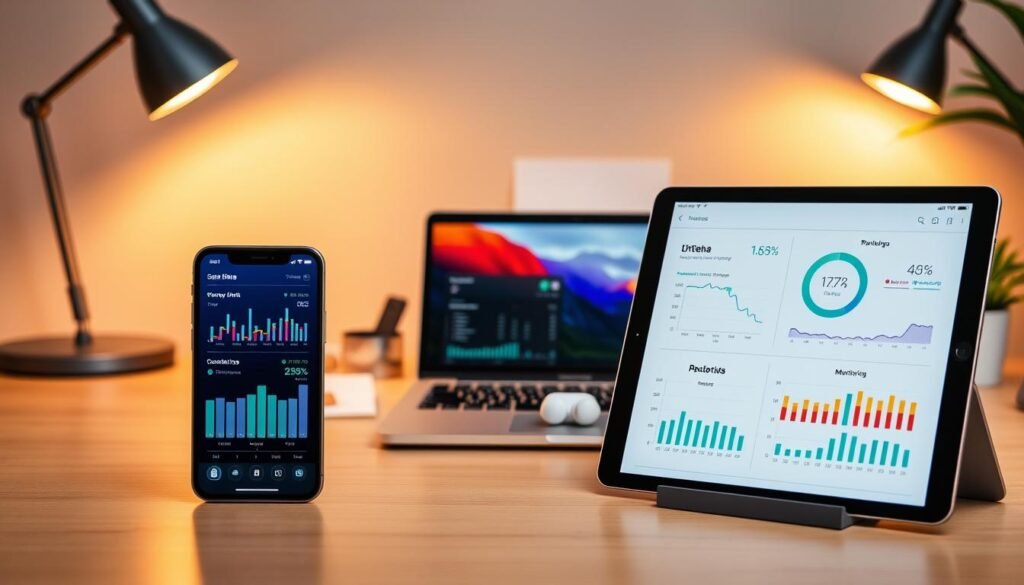 A modern workspace setting highlighting the compatibility of iOS devices. In the foreground, illustrate a sleek iPhone and iPad, both displaying vibrant charts and graphs related to data usage. In the middle, feature a stylish laptop with an open application showcasing monitoring data, accompanied by accessories like wireless earbuds and a charging dock, signifying connectivity. The background should present a minimalist desk, adorned with soft lighting and some greenery to create a calm atmosphere. Use warm, inviting light to enhance the professional yet relaxed mood. Capture the scene from a slightly elevated angle to provide depth, focusing on the devices and applications while keeping the environment organized and uncluttered.