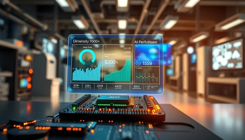 A powerful and sleek representation of a modern chipset, highlighting both performance and efficiency. In the foreground, a detailed close-up of the Dimensity 9300+ chipset with glowing circuitry, showcasing its advanced architecture. The middle ground features a transparent screen displaying real-time performance metrics and AI processing capabilities, illuminated with blue and green light to emphasize technological sophistication. The background is a blurred image of a high-tech laboratory, filled with digital screens and equipment, conveying an atmosphere of innovation and advanced research. Soft, focused lighting highlights the chipset and metrics, creating a high-tech ambiance. The composition evokes a sense of cutting-edge technology and efficiency in usage, perfect for illustrating the topic of modern chipset performance.