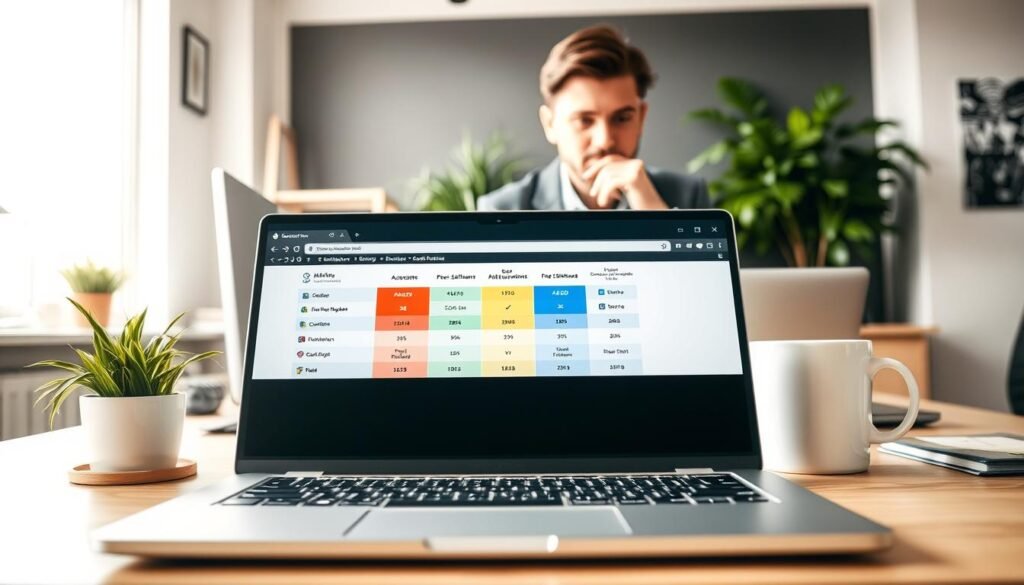 A professional workspace featuring a computer screen displaying a selection of free software applications in a well-lit environment. In the foreground, a laptop with an open browser showcasing a colorful comparison chart of safe and effective free software options. In the middle, a person in business casual attire is thoughtfully analyzing the screen, surrounded by office plants and a coffee cup. The background shows a tidy office with soft natural light streaming through a window, adding warmth to the ambiance. The mood is focused and empowering, illustrating a sense of informed decision-making. The camera angle is slightly above eye level, providing a comprehensive view of the workspace and reflecting a professional atmosphere. A professional workspace featuring a computer screen displaying a selection of free software applications in a well-lit environment. In the foreground, a laptop with an open browser showcasing a colorful comparison chart of safe and effective free software options. In the middle, a person in business casual attire is thoughtfully analyzing the screen, surrounded by office plants and a coffee cup. The background shows a tidy office with soft natural light streaming through a window, adding warmth to the ambiance. The mood is focused and empowering, illustrating a sense of informed decision-making. The camera angle is slightly above eye level, providing a comprehensive view of the workspace and reflecting a professional atmosphere.