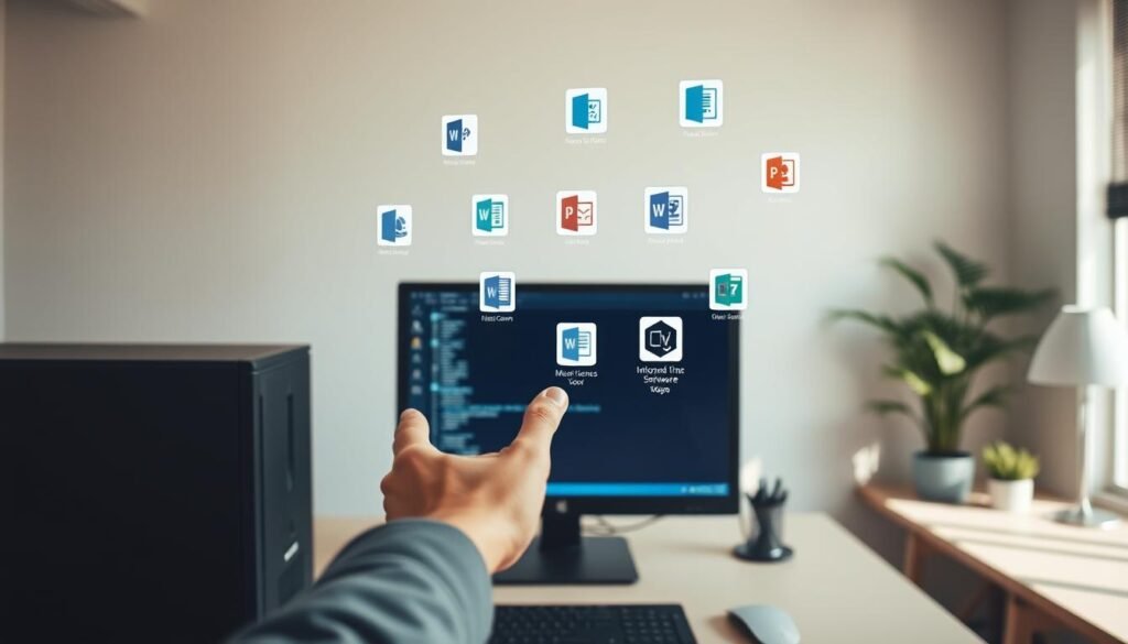 A serene office setting, with a desktop computer and various software icons floating above it, representing the migration process. The foreground features a person's hand carefully transferring software licenses from the old to the new device, while the background showcases a calm, well-lit workspace with minimalist decor. The overall atmosphere conveys a sense of efficiency and professionalism, as the user navigates the seamless transition of their software licenses to a new PC without disruption. Soft, diffused lighting creates a warm, inviting environment, and the camera angle captures the process from a slightly elevated perspective, emphasizing the methodical nature of the task.