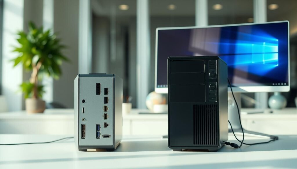 A side-by-side comparison of a traditional desktop PC and a sleek all-in-one PC, emphasizing their design and features. In the foreground, position the desktop PC with a compact mini tower, showcasing its ports and connectivity options. The background features the all-in-one PC, elegantly designed, with a vibrant display and minimal cables, highlighting its space-saving advantages. Use soft natural lighting to create a professional atmosphere, with a slight blur in the background to emphasize both systems. The camera angle should be slightly elevated, providing an overview of both setups on a stylish office desk. The mood should be modern and technologically-savvy, suitable for an audience interested in high-performance yet energy-efficient hardware.