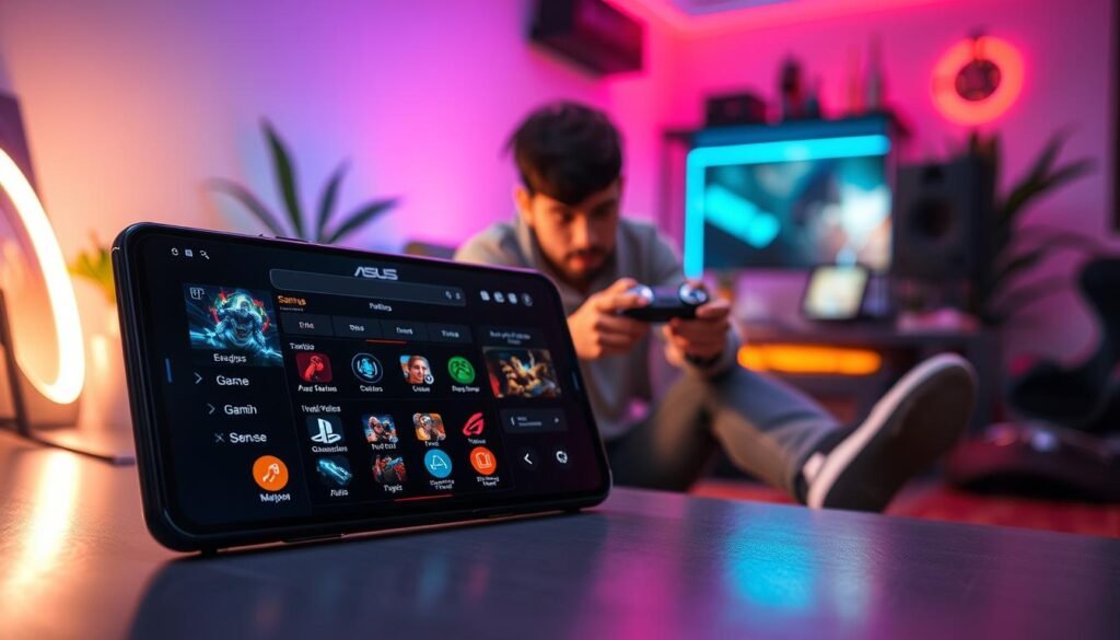 A sleek ASUS ROG Phone 8 is prominently displayed in a well-lit gaming environment, showcasing its X Sense feature for FPS optimization. In the foreground, close-up details of the phone's interface highlight its game settings, with vibrant icons for popular mobile games. The middle ground features an engaged gamer, dressed in casual clothes, focused on screen interactions, embodying excitement and concentration. The background displays a cozy gaming setup, illuminated by colorful LED lighting that enhances the immersive atmosphere. Soft shadows and dynamic lighting create a high-tech ambiance. The image conveys a sense of advanced technology and immersive gaming experience, inviting viewers to explore personalization in mobile gaming. A sleek ASUS ROG Phone 8 is prominently displayed in a well-lit gaming environment, showcasing its X Sense feature for FPS optimization. In the foreground, close-up details of the phone's interface highlight its game settings, with vibrant icons for popular mobile games. The middle ground features an engaged gamer, dressed in casual clothes, focused on screen interactions, embodying excitement and concentration. The background displays a cozy gaming setup, illuminated by colorful LED lighting that enhances the immersive atmosphere. Soft shadows and dynamic lighting create a high-tech ambiance. The image conveys a sense of advanced technology and immersive gaming experience, inviting viewers to explore personalization in mobile gaming.