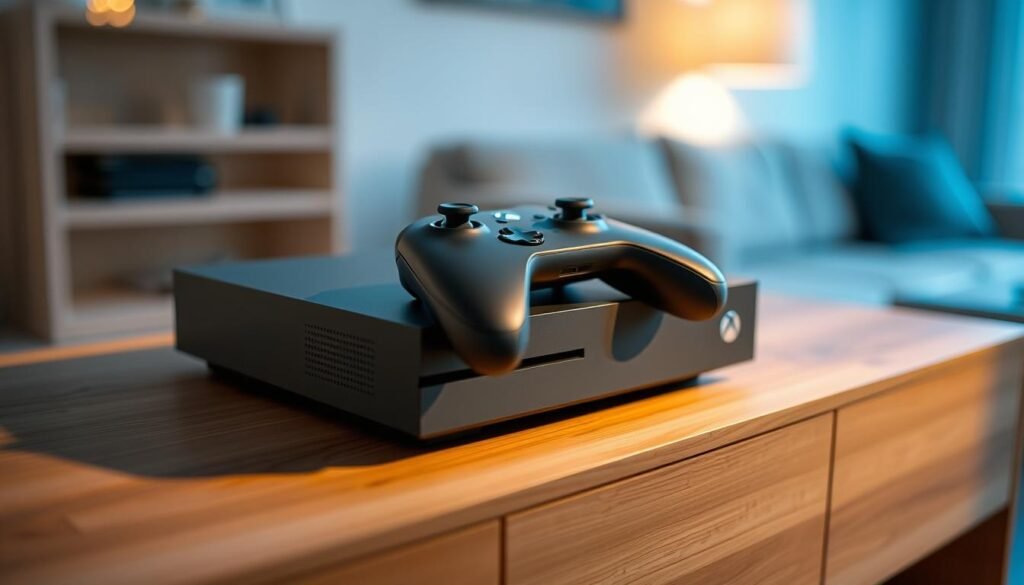 A sleek and modern Xbox console rests on a minimalist, wooden entertainment center. The controller is prominently displayed, inviting the user to engage with the gaming experience. Soft, ambient lighting creates a cozy and immersive atmosphere, while the background showcases a subtle, blurred living room setting, hinting at the console's integration into a comfortable home environment. The overall composition conveys a sense of anticipation and readiness for an engaging gaming session.