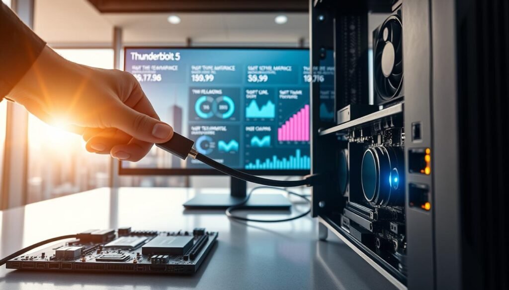 A sleek desktop workstation featuring a high-end Thunderbolt 5 port prominently displayed. In the foreground, a close-up of an executive hand connecting a Thunderbolt 5 cable to a cutting-edge motherboard, showcasing the advanced chipset and glowing LED indicators. The middle ground reveals a stylish, modern office environment with a large monitor displaying performance metrics and user testimonials in graphs and charts. In the background, a panoramic window offers a view of a city skyline, with bright sunlight streaming in, creating an inspiring atmosphere. The scene is illuminated with soft, natural lighting and a slight lens flare for a dynamic effect, conveying a sense of innovation and efficiency in technology.
