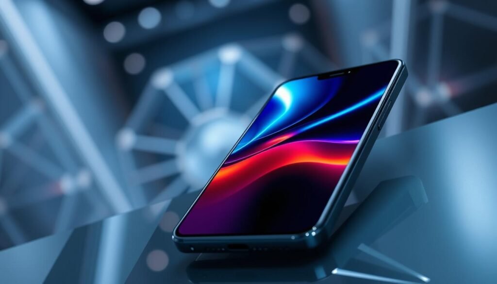 A sleek flagship smartphone, featuring a vibrant display, is prominently showcased in the foreground. The device is encased in a scratch-resistant design, highlighting its advanced Gorilla Glass Victus 3 protection. Soft, diffused lighting emphasizes the glossy finish and modern features of the phone, while a subtle reflection on the surface adds depth. In the middle ground, a blurred abstract tech-inspired background evokes a sense of innovation and sophistication, with soft geometric shapes and cool colors. The atmosphere is professional and contemporary, perfect for tech enthusiasts. The angle is slightly top-down, providing an engaging perspective that captures the smartphone’s elegant design elements without any people or text in the scene. A sleek flagship smartphone, featuring a vibrant display, is prominently showcased in the foreground. The device is encased in a scratch-resistant design, highlighting its advanced Gorilla Glass Victus 3 protection. Soft, diffused lighting emphasizes the glossy finish and modern features of the phone, while a subtle reflection on the surface adds depth. In the middle ground, a blurred abstract tech-inspired background evokes a sense of innovation and sophistication, with soft geometric shapes and cool colors. The atmosphere is professional and contemporary, perfect for tech enthusiasts. The angle is slightly top-down, providing an engaging perspective that captures the smartphone’s elegant design elements without any people or text in the scene.