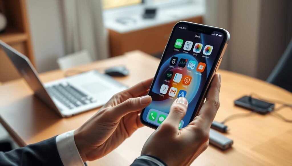 A sleek, futuristic Apple folding iPhone is gracefully opened, showcasing its vibrant display filled with colorful app icons, indicating data monitoring applications. In the foreground, include a pair of hands gently maneuvering the phone, clad in professional business attire. In the middle ground, a soft-focus view of an elegant desk setting with a laptop and a notepad, suggesting a workspace environment. The background features a warm, softly lit room with subtle hints of technology, like chargers and cables, creating a modern atmosphere. Use natural lighting to highlight the glossy finish of the device, with a slightly angled perspective to emphasize its innovative design. The mood should be inspiring and professional, capturing the essence of cutting-edge technology.