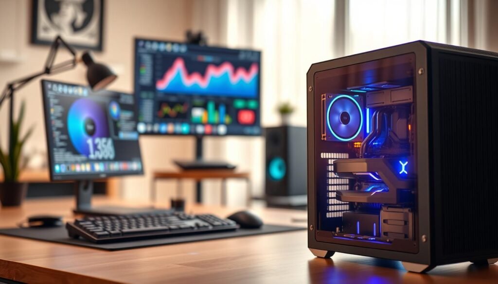 A sleek mini tower computer sits prominently in the foreground, exuding a blend of modern design and powerful performance. Components are illuminated with subtle, blue LED lights, highlighting an efficient cooling system and energy-efficient hardware setup. In the middle ground, a workspace brims with a high-resolution monitor displaying dynamic performance metrics; keyboards and a mouse are arranged neatly. The background features a soft, blurred home office setting, with a stylish desk and natural light streaming in from a window, creating a warm and inviting atmosphere. The mood conveys a sense of productivity and innovation, showcasing technology that harmonizes performance and efficiency. The angle captures a three-dimensional perspective, emphasizing the compact yet formidable nature of the setup.