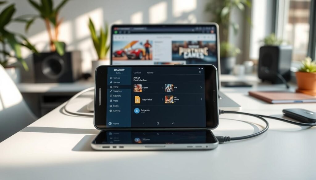 A sleek, modern Android device sits prominently in the foreground on a clean, minimalist workspace. The screen displays an intuitive backup interface showcasing files from games, highlighting OBB and data folders. In the middle ground, a well-organized desk features a laptop connected to the Android device, with a clear USB cable linking them. Soft, natural lighting from a nearby window casts gentle shadows, creating a warm and inviting atmosphere. The background features a slightly blurred modern home office setup, with plants and tech accessories that suggest a blend of technology and comfort. The overall mood conveys efficiency and ease of use, ideal for illustrating compatibility between Android platforms and data management.
