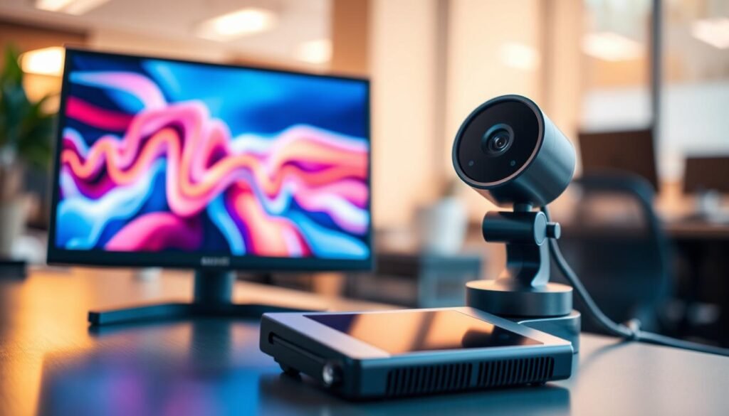 A sleek, modern desktop setup featuring a high-resolution monitor displaying vibrant graphics, an ultra-fast SSD drive positioned prominently, and a stylish webcam angled toward the viewer. In the foreground, the monitor's screen glows softly, reflecting a dynamic workstation environment. The middle layer captures the glossy exterior of the SSD, with subtle lighting highlighting its metallic finish. The webcam is designed with a minimalistic aesthetic, exuding professionalism. The background consists of a softly blurred office space with warm ambient lighting, creating a focus on the peripherals. The overall mood is innovative and tech-savvy, suggesting high performance and cutting-edge technology. Use a slightly low camera angle to add depth and a modern touch to the composition.