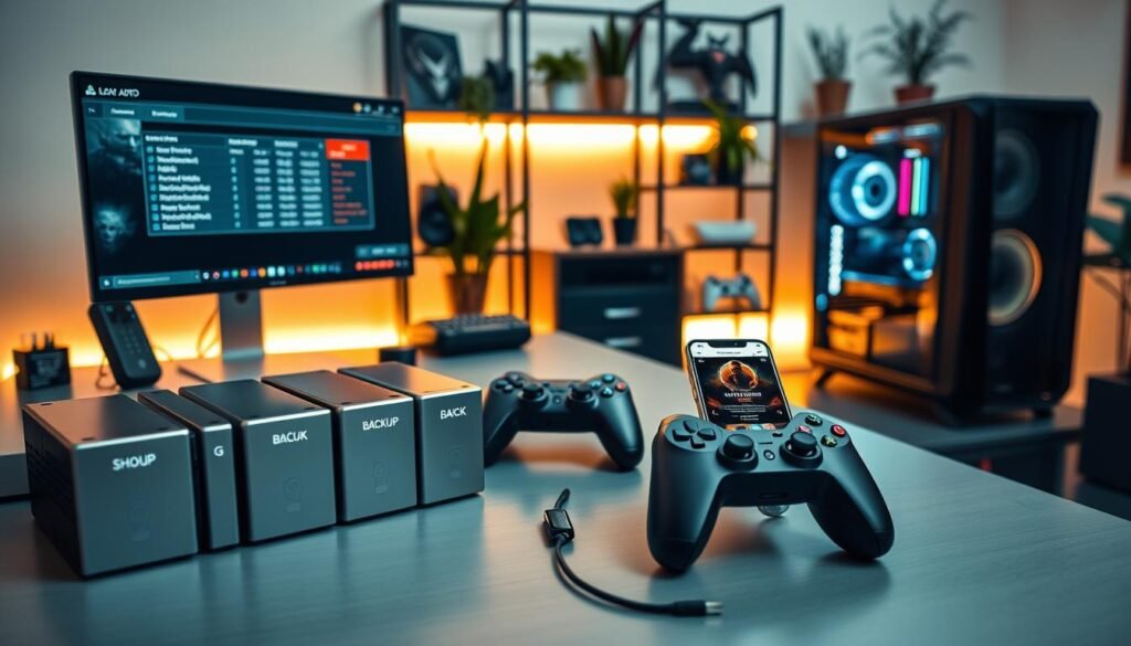 A sleek, modern home office featuring a stylish desk with a high-end gaming PC, dual monitors displaying game data and storage options. In the foreground, show an organized collection of external hard drives labeled for game backups. In the middle, include a gaming controller and a smartphone with a backup app open. The background features shelves filled with gaming memorabilia and plants for a touch of nature. Soft ambient lighting casts a warm glow, enhancing the productivity atmosphere. The angle is slightly from above, emphasizing the workspace's arrangement. The overall mood conveys efficiency and modernity, perfect for illustrating optimization of storage after backing up Android games to PC.