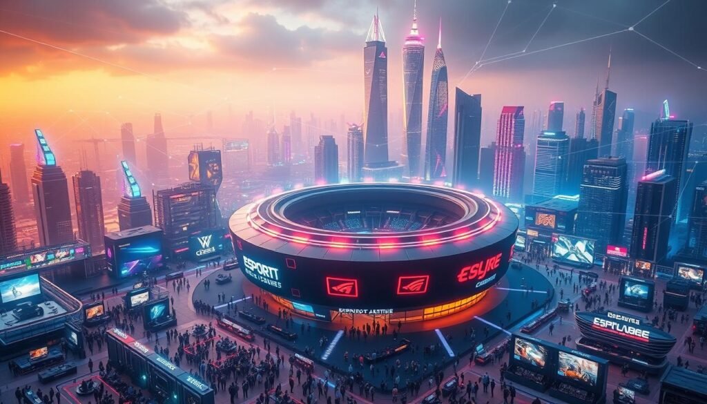 A sprawling digital landscape, with towering holographic structures and luminous data streams coursing through the air. In the foreground, a sleek and modern esports arena, its facade adorned with neon-lit logos and glowing panels. The arena is surrounded by a bustling hub of activity, with crowds of spectators, gamers, and industry professionals mingling amidst a sea of gaming equipment, virtual reality stations, and advanced technology. The background is a kaleidoscope of futuristic skyscrapers, glowing with the energy of a global digital industry. Warm, diffused lighting bathes the scene, creating a sense of dynamism and excitement. The overall impression is one of a vibrant, interconnected world where the boundaries between digital and physical realms have blurred, resulting in a thriving, high-tech ecosystem for the world of esports and gaming.