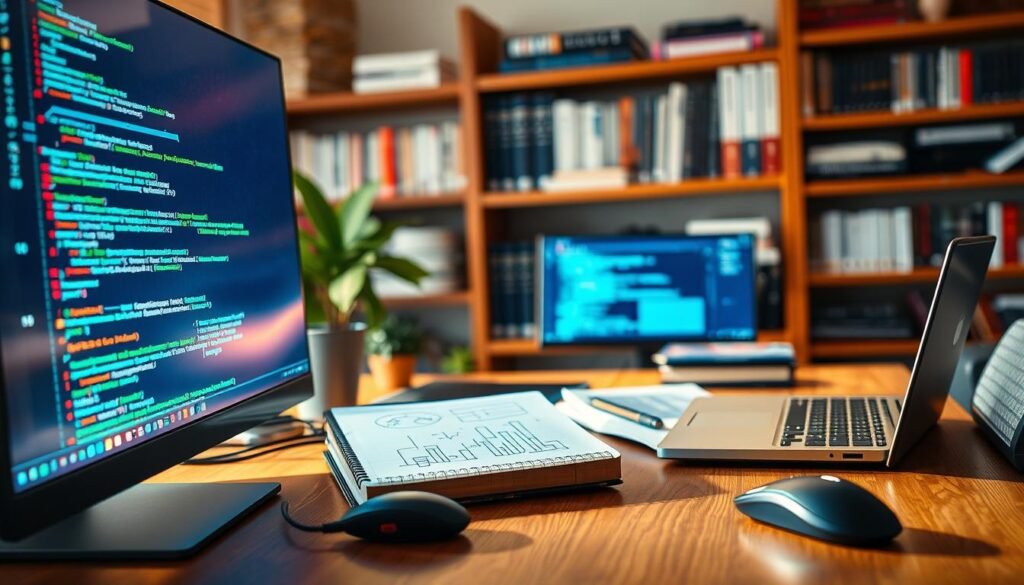 A vibrant and engaging workspace filled with elements representing software characteristics contrasted with hardware. In the foreground, a large, illuminated computer screen displays dynamic lines of code and various software applications, emphasizing the fluidity and adaptability of software. In the middle ground, a neatly arranged desk holds a sleek laptop, a notepad with brainstorming sketches, and a high-tech mouse, symbolizing productivity and innovation. The background features soft-focus shelves lined with books on programming and technology, creating a scholarly atmosphere. Warm, natural lighting highlights the workstation, casting gentle shadows that enhance the depth of the scene. The overall mood is inspiring and professional, appealing to those serious about their technological growth.